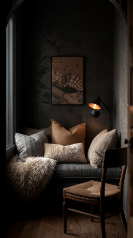 20 Dark Home Decor Ideas for Small Spaces | Cozy & Elegant Style 21 Cozy Reading Nook with Dark Palette