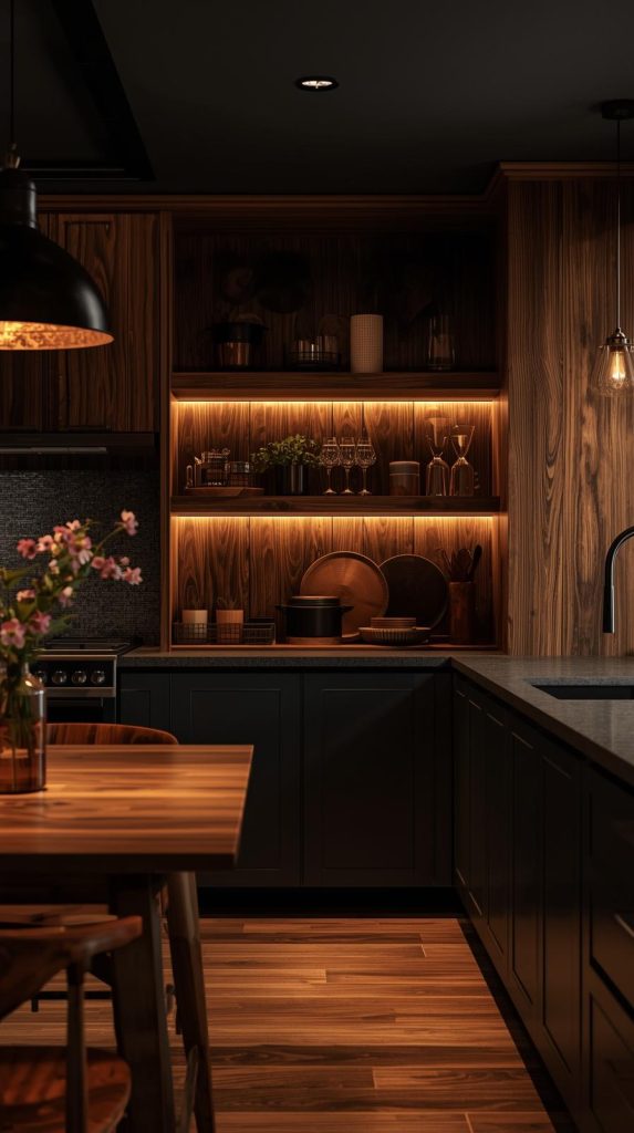 20 Dark Home Decor Ideas with Natural Materials for a Cozy & Stylish Home 21 Dark Kitchen with Wooden Accents
