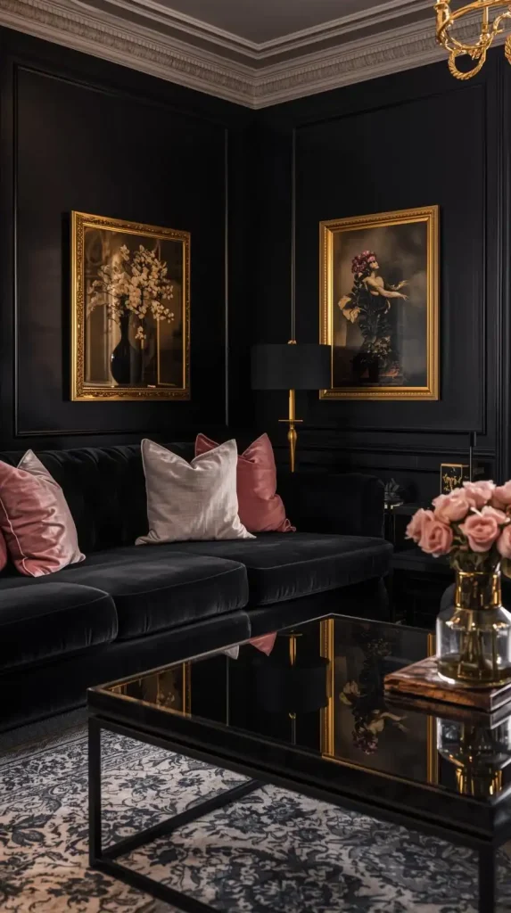 25 Dark Home Decor Aesthetic | Stylish & Cozy Ideas for 2025 22 Black Living Room with Blush Pink Touches