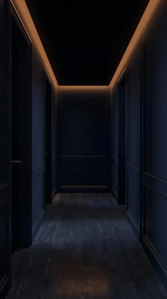 30 Dark Home Decor Ideas for a Bold & Modern Aesthetic 22 Dark Hallway with Subtle Lighting