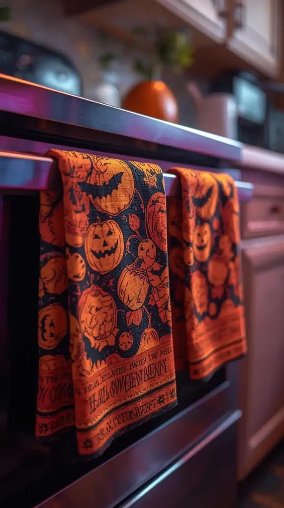 23 Best Halloween Home Decor Kitchen Ideas for a Spooky-Chic 2025 23 Halloween Dish Towel Display
