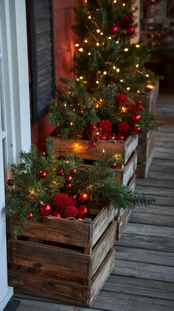 30 Best Christmas Home Decor outdoor Ideas for a Festive Look 23 Wooden Crates Filled with Ornaments and Greenery