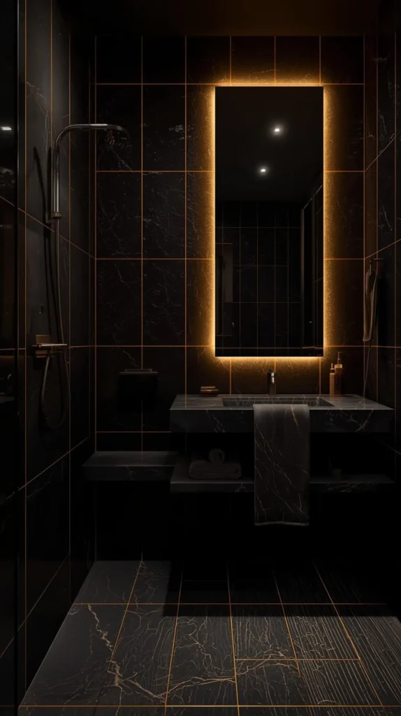 30 Dark Home Decor Ideas for a Bold & Modern Aesthetic 24 Dark Bathroom Tiles with Gold Grout