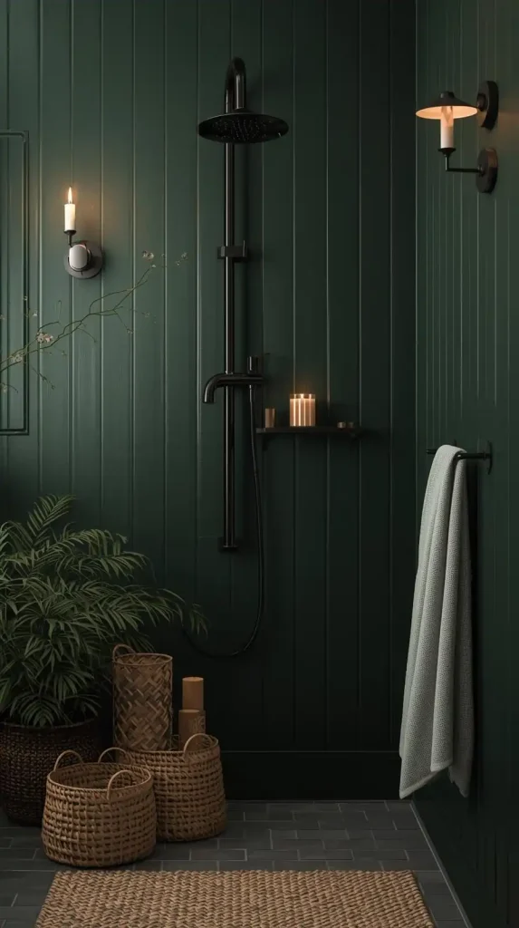 25 Dark Home Decor Aesthetic | Stylish & Cozy Ideas for 2025 24 Dark Green Bathroom with Matte Fixtures