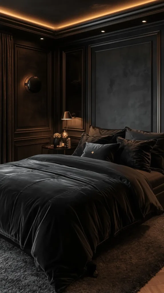 30 Dark Home Decor Ideas for a Bold & Modern Aesthetic 26 Dark Bedding with Soft Accents