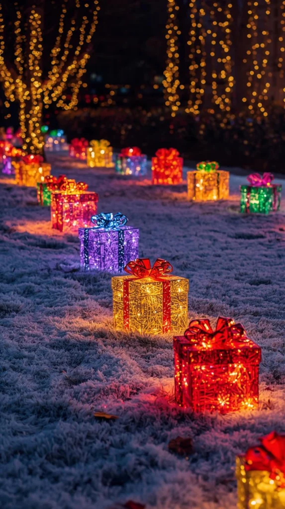 30 Best Christmas Home Decor outdoor Ideas for a Festive Look 26 Light-Up Gift Boxes Along the Porch or Lawn