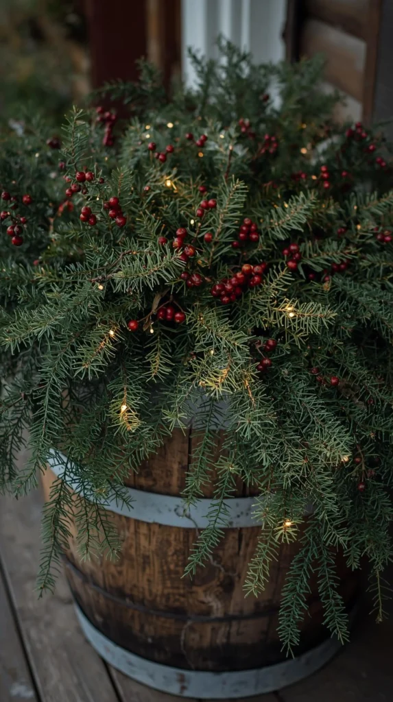 30 Best Christmas Home Decor outdoor Ideas for a Festive Look 27 Rustic Barrel Decor with Pine and Lights