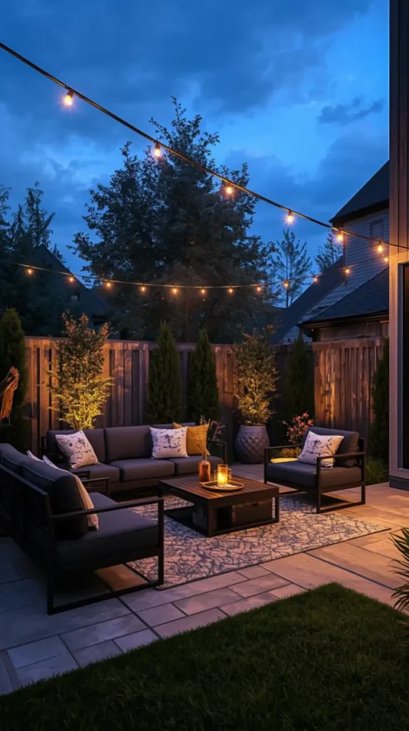 30 Dark Home Decor Ideas for a Bold & Modern Aesthetic 30 Dark Outdoor Patio with String Lights