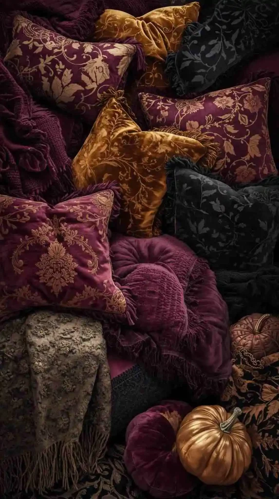 59 Halloween Home Decor Indoor Ideas – Transform Your Space into a Spooky Haven 30 Velvet Pillow Accents