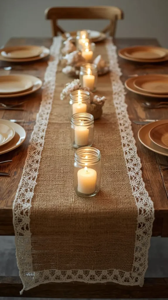 Burlap Table Runner with Lace Trim