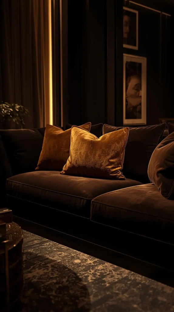 30 Dark Home Decor Ideas for a Bold & Modern Aesthetic 4 Dark Velvet Sofa with Metallic Throw Pillows