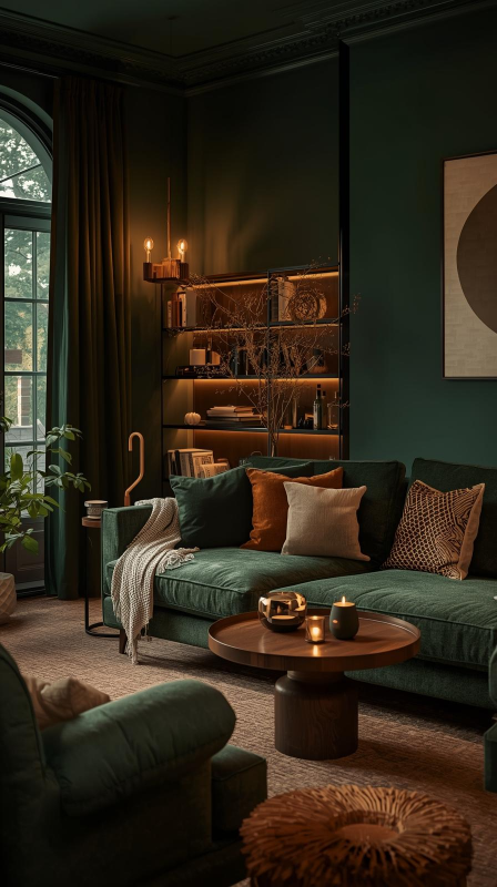 Forest Green Living Space with Warm Lighting