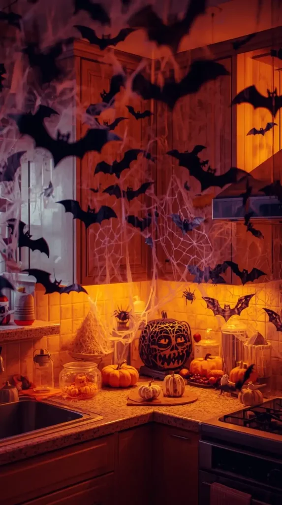 23 Best Halloween Home Decor Kitchen Ideas for a Spooky-Chic 2025 4 Hanging Bats & Cobweb Corners