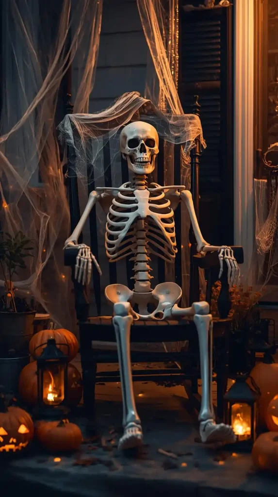15 Halloween Home Decor Outdoor Front Porch Ideas 2025 4 Skeleton Sitting on a Porch Bench