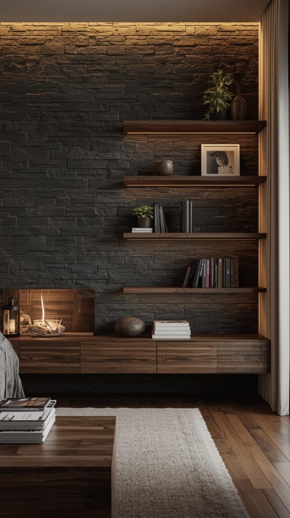 20 Dark Home Decor Ideas with Natural Materials for a Cozy & Stylish Home 4 Stone Accent Wall & Wood Shelves