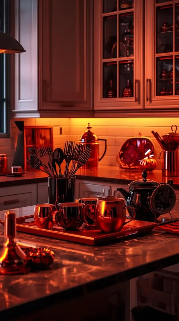 23 Best Halloween Home Decor Kitchen Ideas for a Spooky-Chic 2025 5 Black & Copper Accents