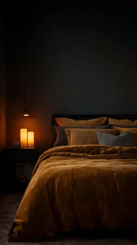 20 Dark Home Decor Ideas with Pops of Color – Stylish, Vibrant & Cozy Spaces 5 Dark Gray Bedroom with Mustard Bedding