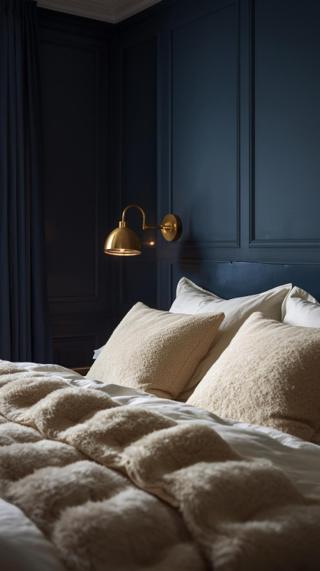 Navy Blue Bedroom with Brass Fixtures