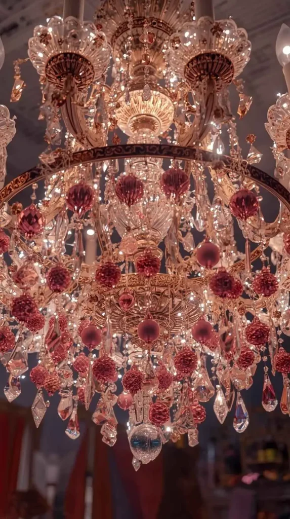 Pink Ornaments on Chandelier