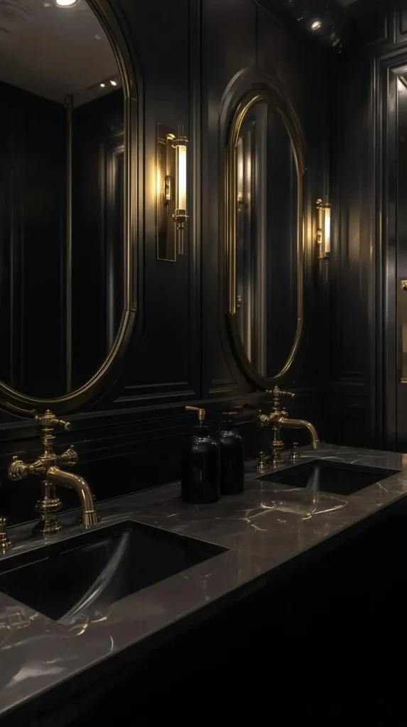 20 Dark Home Decor Ideas with Pops of Color – Stylish, Vibrant & Cozy Spaces 6 Black Bathroom with Brass Fixtures