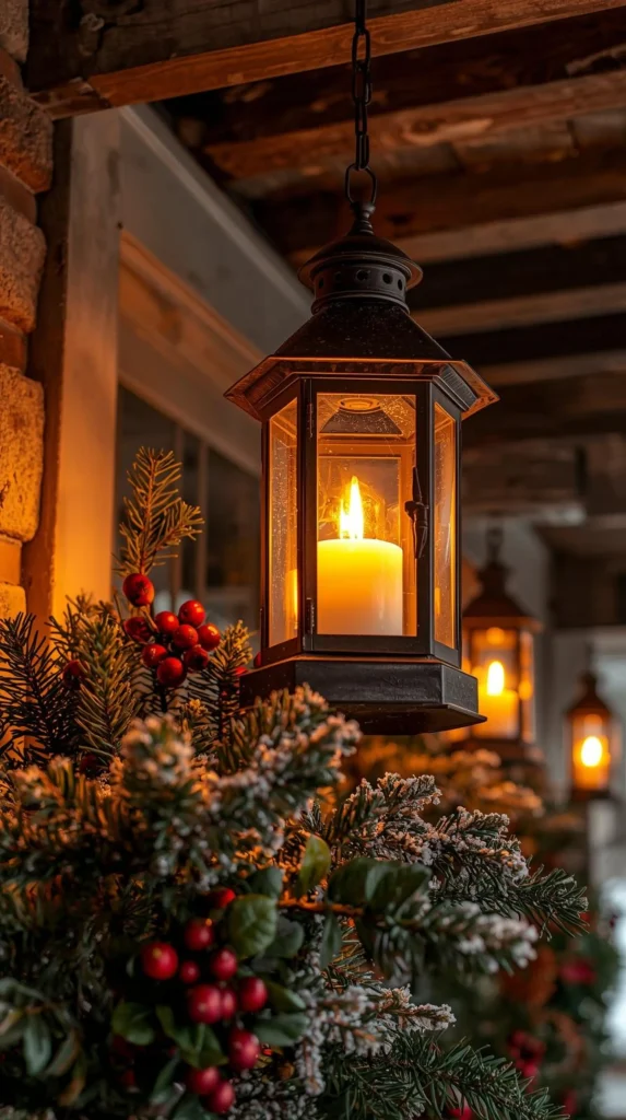 30 Best Christmas Home Decor outdoor Ideas for a Festive Look 6 Hanging Lanterns for Cozy Christmas Porch Lighting