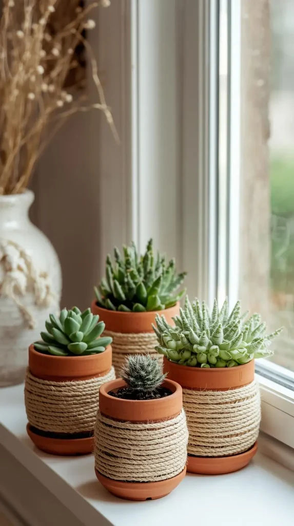 23 Cheap DIY Home Decor Ideas – Stylish & Budget-Friendly Projects 6 Twine-Wrapped Flower Pots