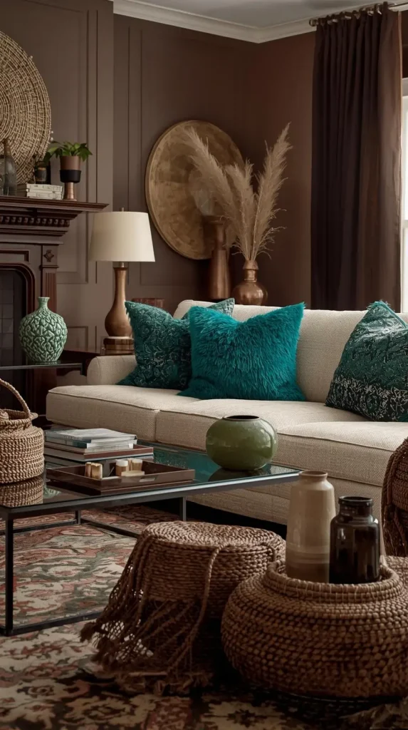 20 Dark Home Decor Ideas with Pops of Color – Stylish, Vibrant & Cozy Spaces 7 Chocolate Brown Walls with Teal Accents