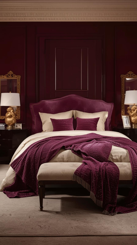 Deep Plum Bedroom with Cream Bedding