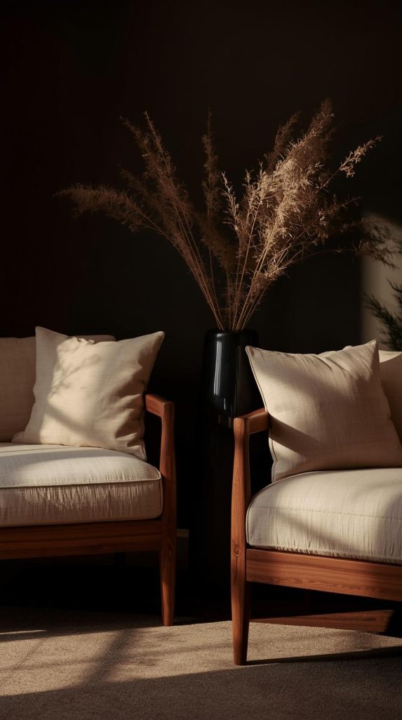 20 Dark Home Decor Ideas with Natural Materials for a Cozy & Stylish Home 7 Wooden Furniture & Linen Touch