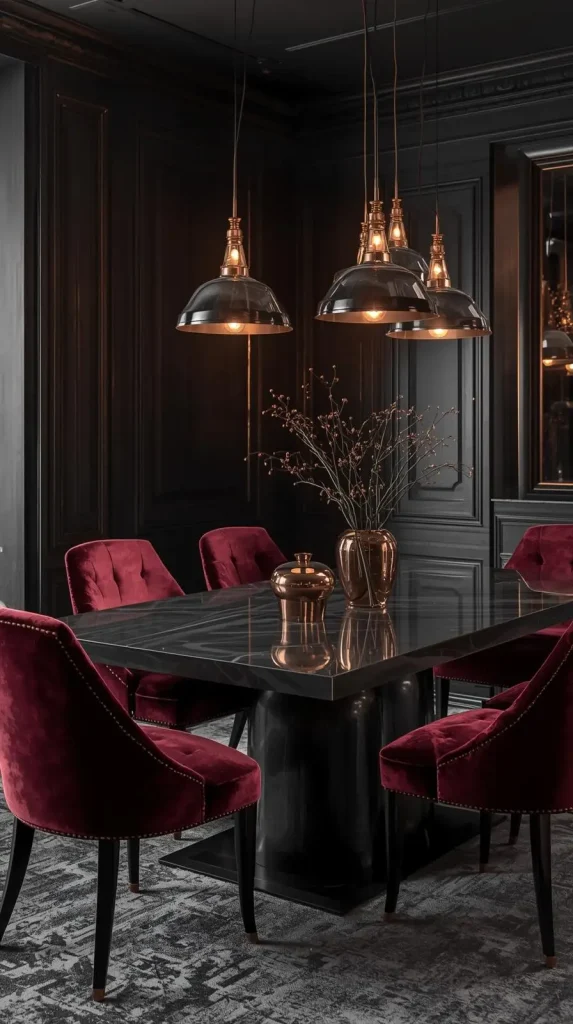 20 Dark Home Decor Ideas with Pops of Color – Stylish, Vibrant & Cozy Spaces 8 Charcoal Dining Room with Burgundy Chairs