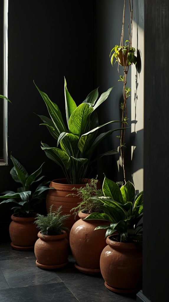 20 Dark Home Decor Ideas with Natural Materials for a Cozy & Stylish Home 8 Clay Pots with Green Plants
