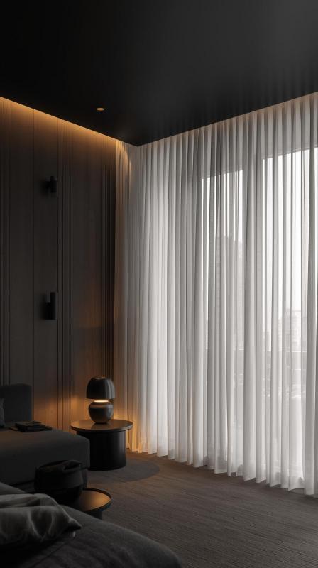 Black Ceiling with Soft White Curtains