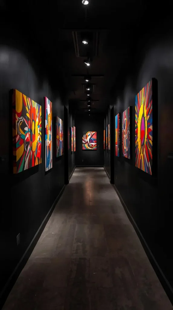 20 Dark Home Decor Ideas with Pops of Color – Stylish, Vibrant & Cozy Spaces 9 Black Entryway with Vibrant Artwork