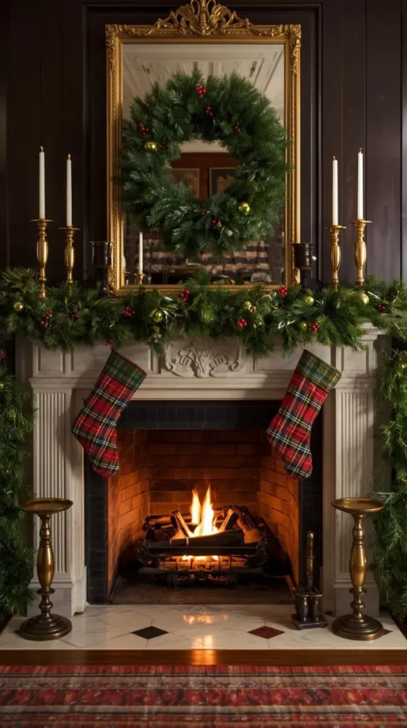 Fireplace Mantel with Tartan Stockings