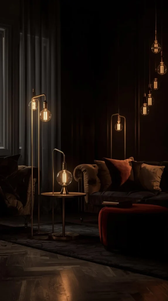 30 Dark Home Decor Ideas for a Bold & Modern Aesthetic 9 Moody Lighting with Warm Bulbs