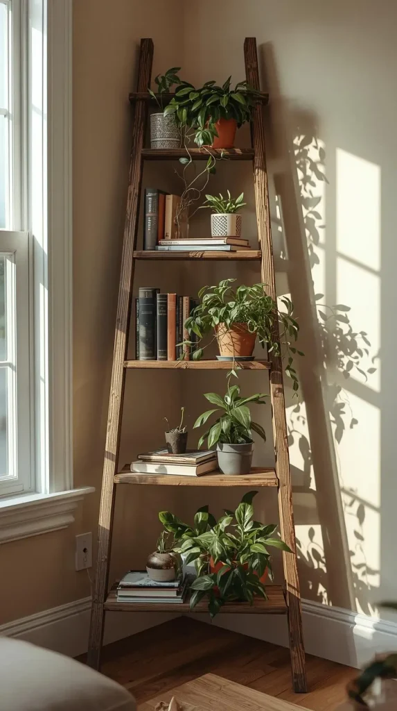 23 Cheap DIY Home Decor Ideas – Stylish & Budget-Friendly Projects 9 Old Ladder Turned Bookshelf.webp