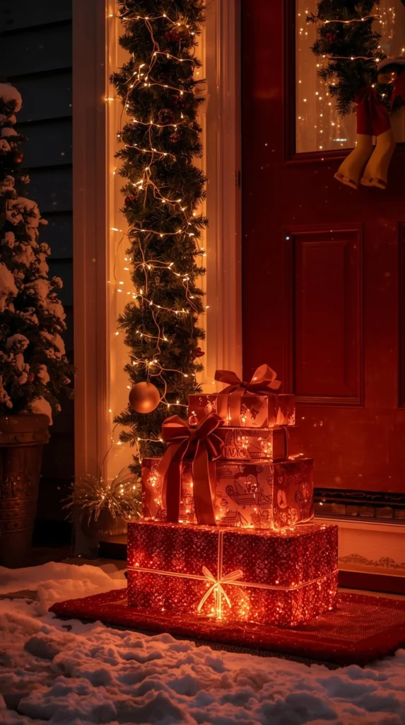 30 Best Christmas Home Decor outdoor Ideas for a Festive Look 9 Stacked Gift Boxes as Unique Outdoor Christmas Decor