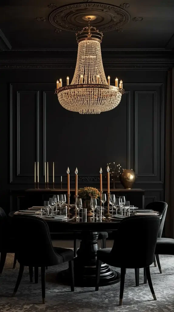 25 Dark Home Decor Aesthetic | Stylish & Cozy Ideas for 2025 10 Black Dining Room with Crystal Chandelier