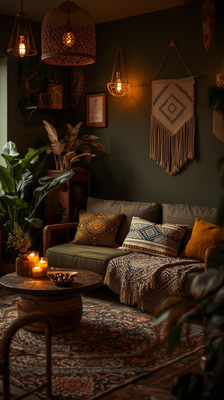 Dark Olive Walls with Cozy Boho Textures