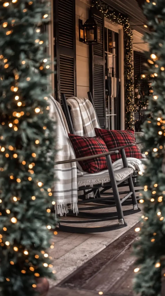 30 Best Christmas Home Decor outdoor Ideas for a Festive Look 10 Festive Cushions on Porch Chairs for Holiday Comfort