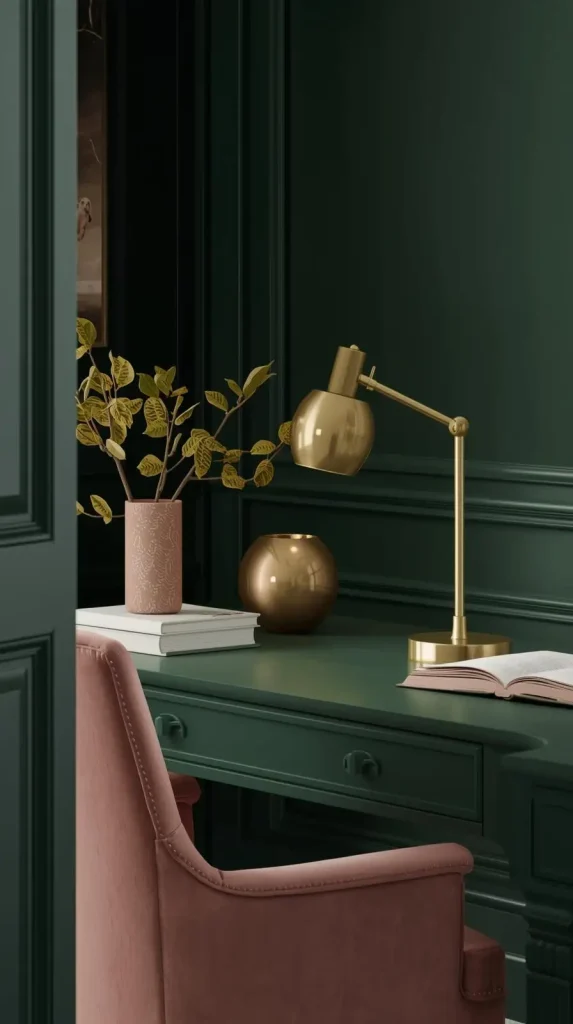 20 Dark Home Decor Ideas with Pops of Color – Stylish, Vibrant & Cozy Spaces 10 Forest Green Office with Pink Accents