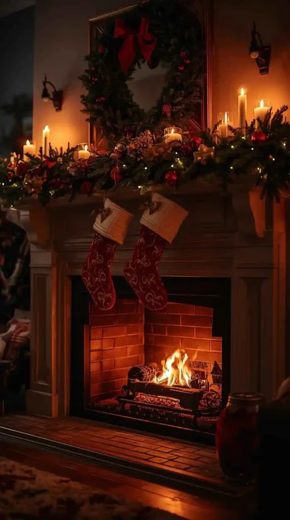  Warm Fireplace Mantel with Stockings