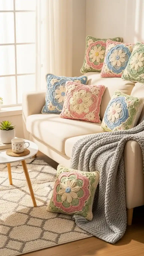 21 Cute Crochet Home Decor Ideas for Cozy Handmade Spaces 2 Crochet Flower Cushions