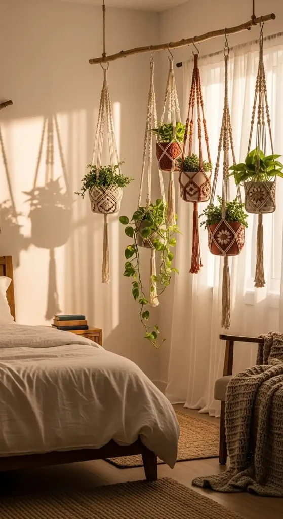22 Crochet Home Decor Ideas Bedrooms to Make Them Cozy and Stylish 11 Crochet hanging planters with small indoor plants