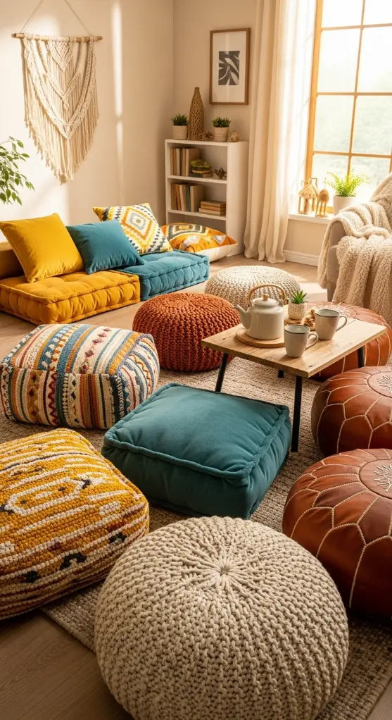 20 Crochet Home Decor Ideas Living Rooms Cozy with Soft Accents 11 Poufs and Floor Cushions