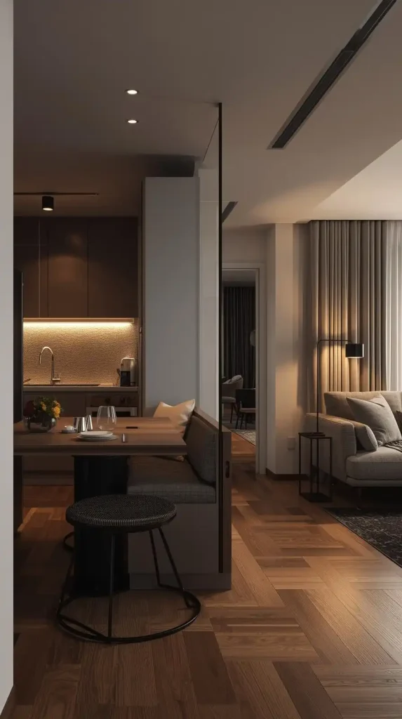 20 Living Room Kitchen Open Concept Small Apartment Decor | Stylish Ideas for Seamless Flow 12 Add a Compact Dining Nook Between Kitchen and Living Area