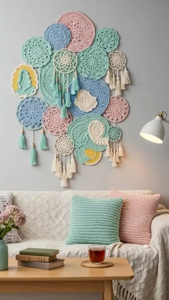 19 Crochet Home Decor Wall Hanging Ideas to Beautify Your Walls 13 Crochet Layered Wall Collage