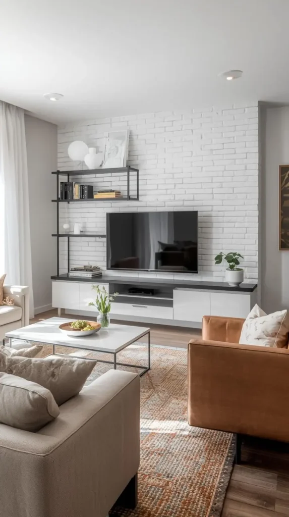 White Brick Wall Accent Behind TV Unit