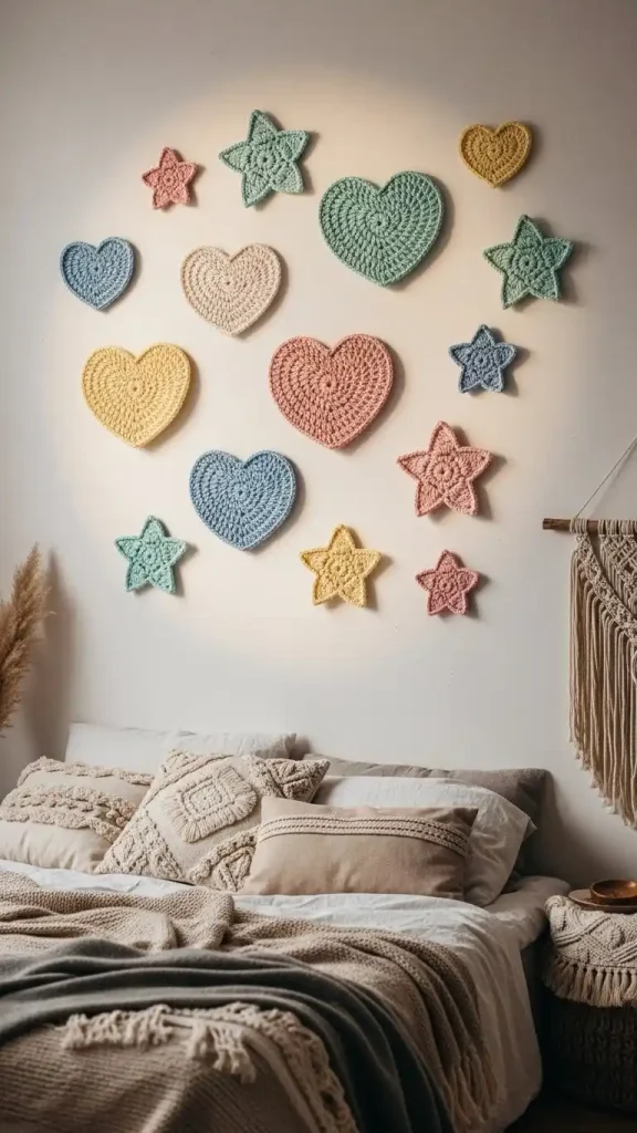 23 Crochet Home Decor Ideas Wall Art to Beautify Your Living Space 15 Crochet Heart or Star Wall Art for Playful Corners