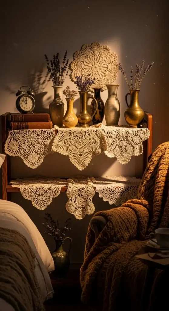 22 Crochet Home Decor Ideas Bedrooms to Make Them Cozy and Stylish 15 Crochet doilies under vases or trinkets on shelves